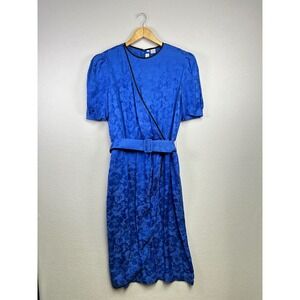 Vintage Blue Floral Silk Wrap Dress Belted Short Sleeve Midi Occasion